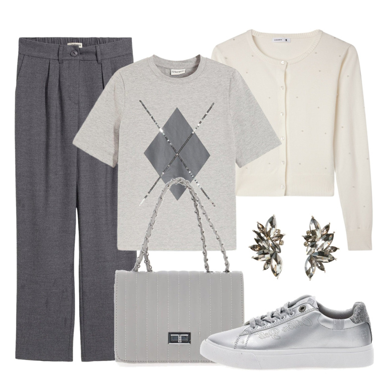 Outfit donna - Grigio mania. Stile Casual chic per Tutti i giorni. Abbinamento con t-shirt, pantaloni, orecchini, cardigans, sneakers, borse a tracolla.