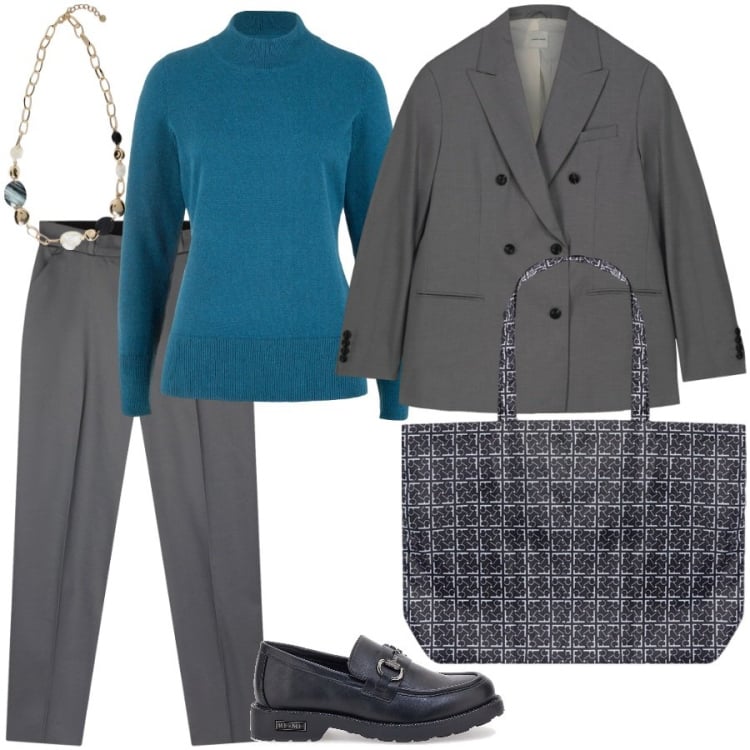 Outfit donna - Total look #2258171. Stile Casual chic per Ufficio. Abbinamento con maglieria, pantaloni chino, shopping bag, collane, blazer, mocassini.