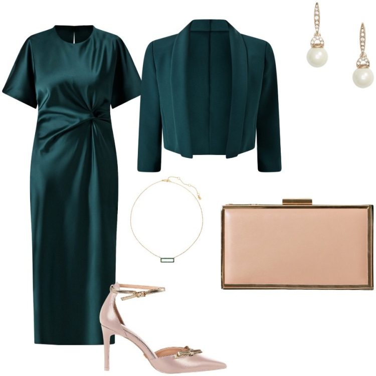 Outfit donna - Cerimonia d\' Autunno. Stile Chic per Cerimonia. Abbinamento con vestiti midi/longuette, bolero, décolleté, pochette, collane, orecchini.