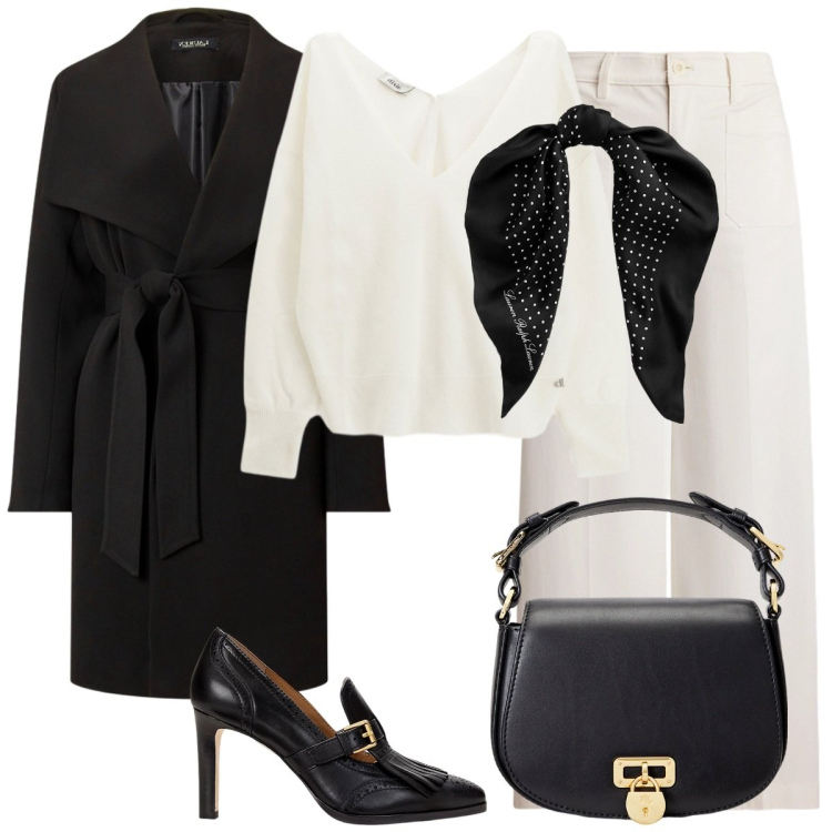 Outfit donna - Elegante in bianco e nero. Stile Bon Ton per Cerimonia. Abbinamento con maglieria, borse a tracolla, foulard, décolleté, cappotti, pantaloni.