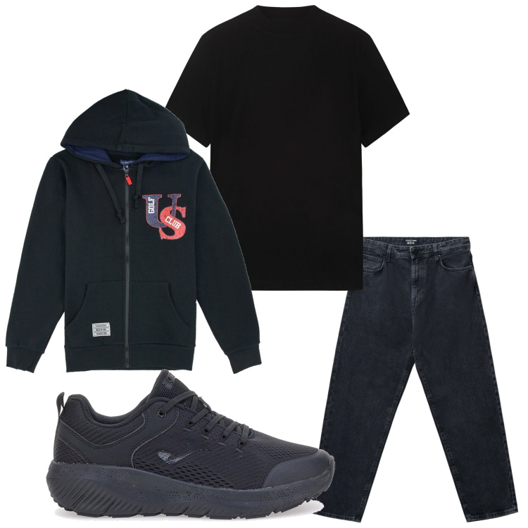 Outfit uomo - Black me. Stile Casual per Tutti i giorni. Abbinamento con jeans, sneakers, felpe con cappuccio, t-shirt.