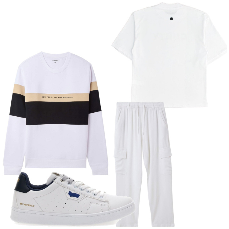 Outfit uomo - A tutto bianco. Stile Casual per Tutti i giorni. Abbinamento con felpe con cappuccio, pantaloni cargo, maglieria, sneakers.