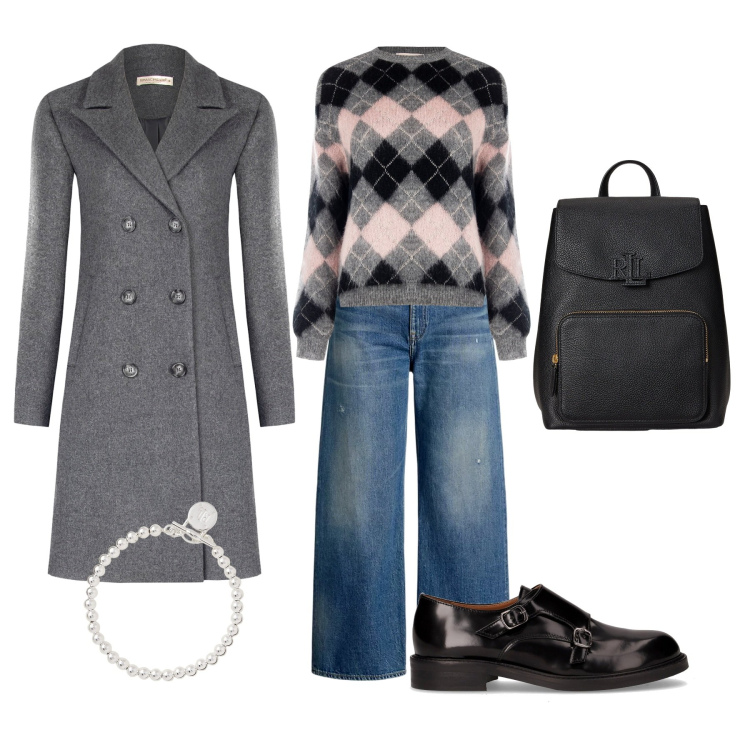 Outfit donna - Autumn in Rome. Stile Casual per Scuola/Università. Abbinamento con maglieria, cappotti, braccialetti, jeans, zaini, mocassini.