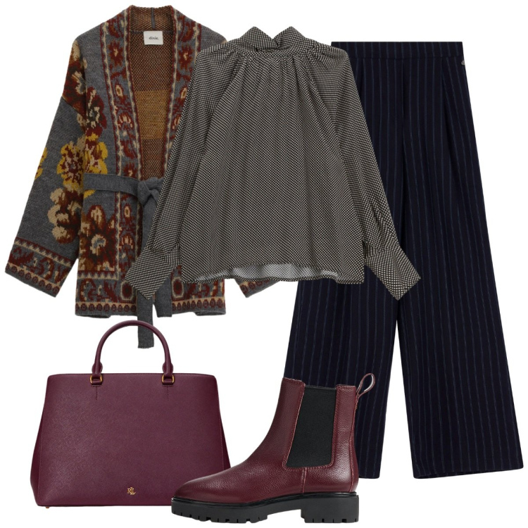 Outfit donna - Pois righe e fantasia. Stile Basic per Serata fuori. Abbinamento con camicie, pantaloni a palazzo, cardigans, stivaletti chelsea, borse a mano.