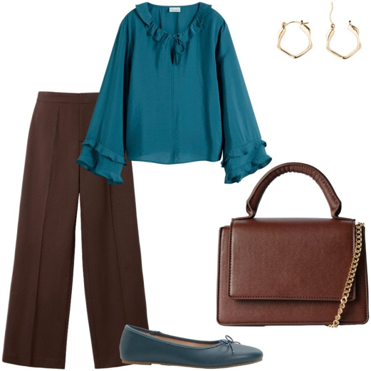 Outfit donna - Ottanio e Marrone. Stile Chic per Serata fuori. Abbinamento con bluse, orecchini, ballerine, pantaloni, borse a tracolla.