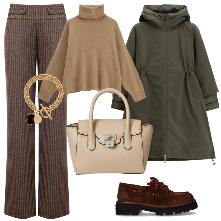 Outfit donna - Giornate fredde. per Tutti i giorni. Abbinamento con pantaloni, parka, maglieria, borse a mano, braccialetti con ciondoli, mocassini.