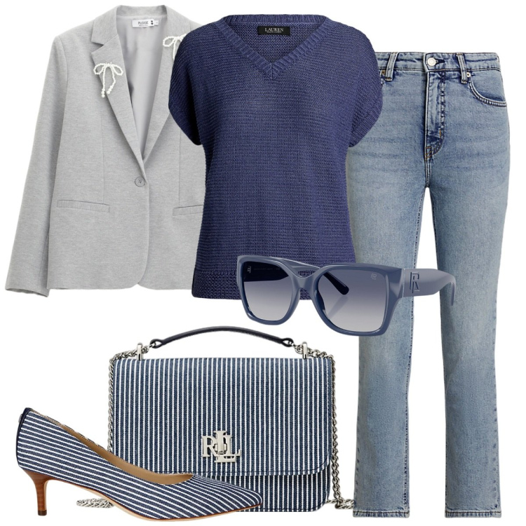 Outfit donna - Scarpe e borsa rigate. Stile Casual chic per Tutti i giorni. Abbinamento con blazer, occhiali da sole, décolleté, borse a spalla, jeans dritti, maglieria.