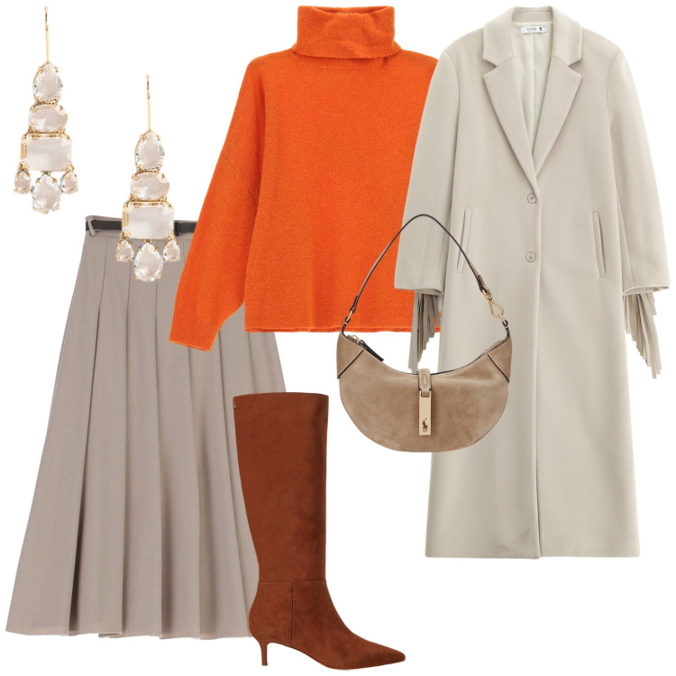 Outfit donna - Il pull arancione. per Tutti i giorni. Abbinamento con cappotti, maglieria, gonne longuette, borse a spalla, orecchini, stivali.