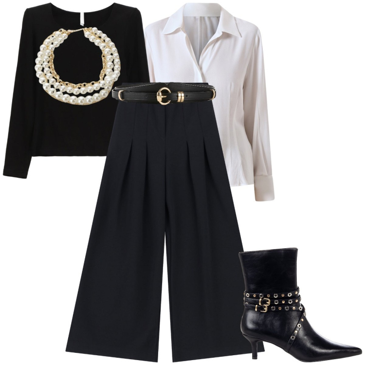 Outfit donna - Total look #2258188. Stile Casual chic per Tutti i giorni. Abbinamento con cinture, stivaletti, camicie, maglieria, pantaloni a palazzo, collane.