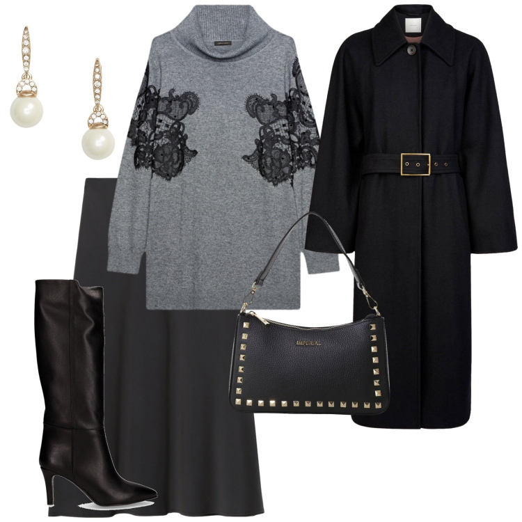 Outfit donna - Outfit per il lavoro. per Ufficio. Abbinamento con pochette, gonne longuette, orecchini, cappotti, stivali, maglieria.