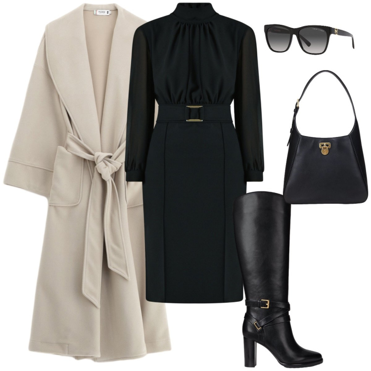 Outfit donna - Total look #2258191. Stile Chic per Ufficio. Abbinamento con cappotti, vestiti a tubino, stivali, occhiali da sole, borse a spalla.