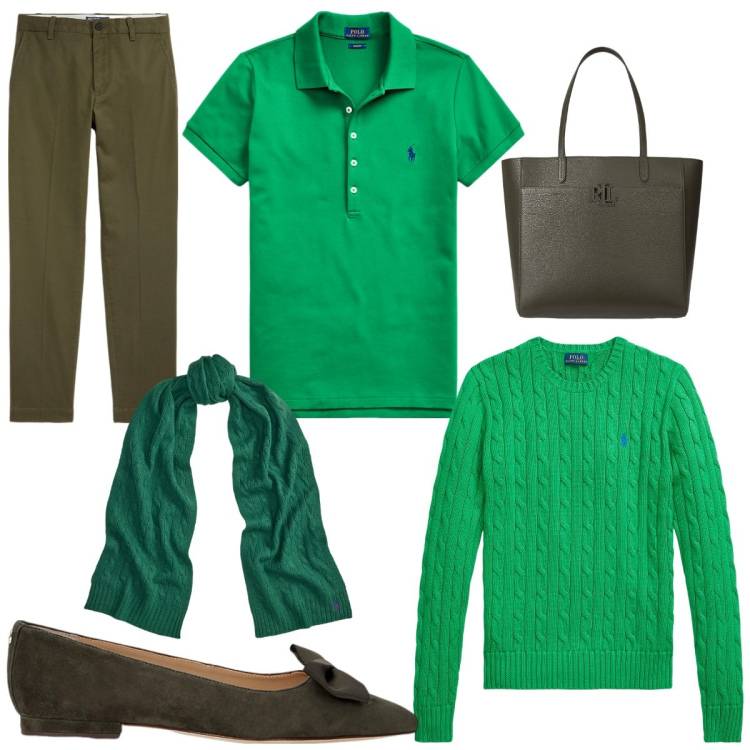 Outfit donna - The cool Is start. Stile Basic per Ufficio. Abbinamento con pantaloni chino, polo, ballerine, sciarpe, borse tote, maglieria.