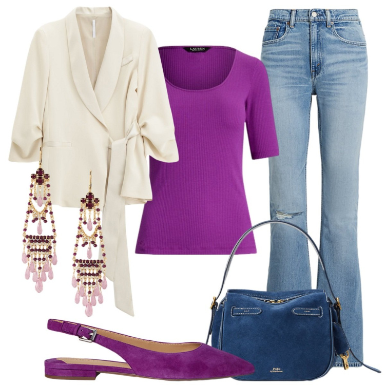 Outfit donna - Amante del viola. Stile Casual chic per Tutti i giorni. Abbinamento con blazer, t-shirt, borse a mano, ballerine, orecchini, jeans.