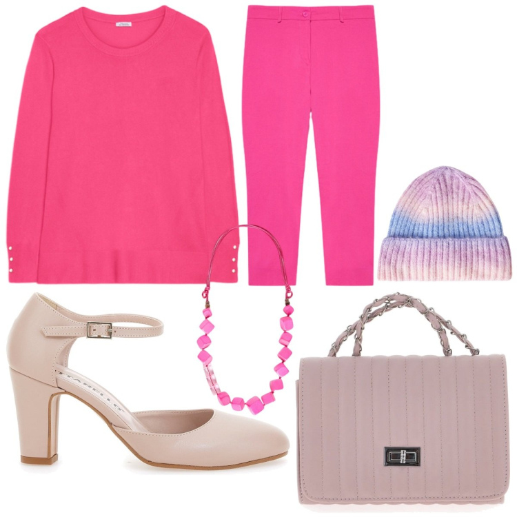 Outfit donna - È arrivato l autunno. Stile Glamour per Tutti i giorni. Abbinamento con berretti, décolleté, pantaloni, borse a tracolla, maglieria, collane.