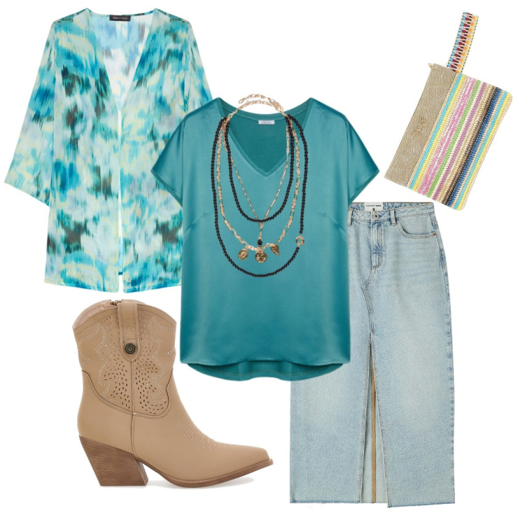 Outfit donna - La t-shirt color ottanio. Stile Boho per Tutti i giorni. Abbinamento con gonne longuette, stivaletti texani, pochette, bluse, collane, blazer.