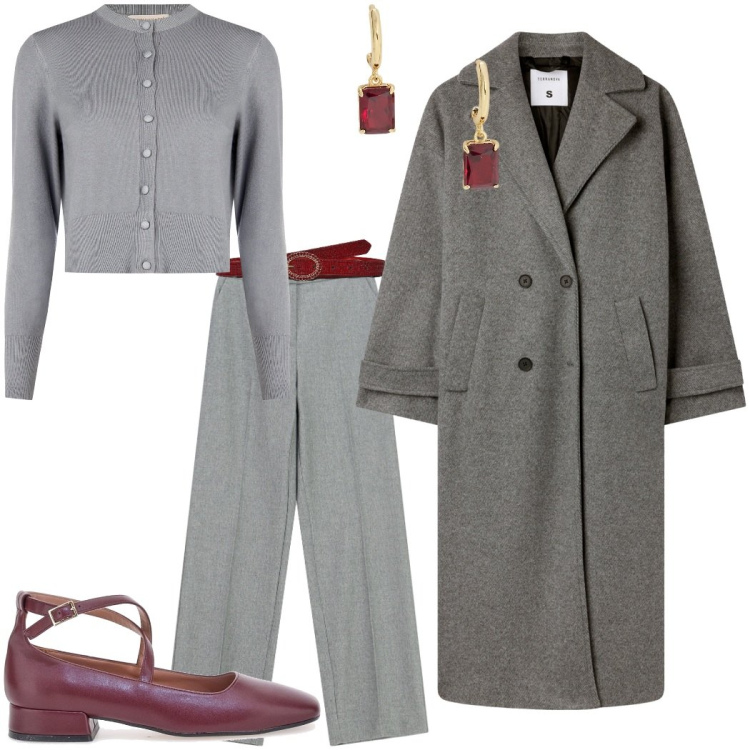 Outfit donna - Glamour autunnale. Stile Glamour per Tutti i giorni. Abbinamento con cinture, cappotti, cardigans, pantaloni a palazzo, orecchini, ballerine.