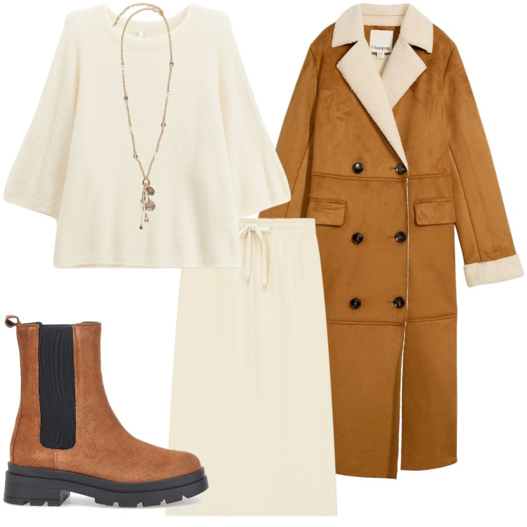 Outfit donna - Glamour autunnale. Stile Glamour per Tutti i giorni. Abbinamento con cappotti, maglieria, gonne longuette, stivaletti chelsea, ciondoli.