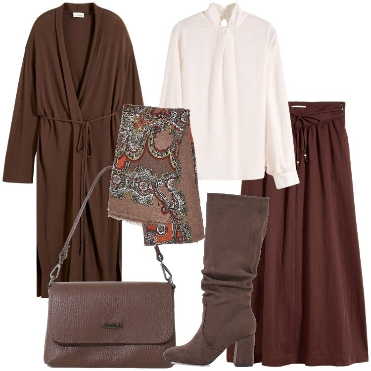 Outfit donna - Gonna & stivali - @antonellal. Stile Casual chic per Ufficio. Abbinamento con gonne lunghe, bluse, cappotti, borse a tracolla, foulard, stivali sopra il ginocchio.
