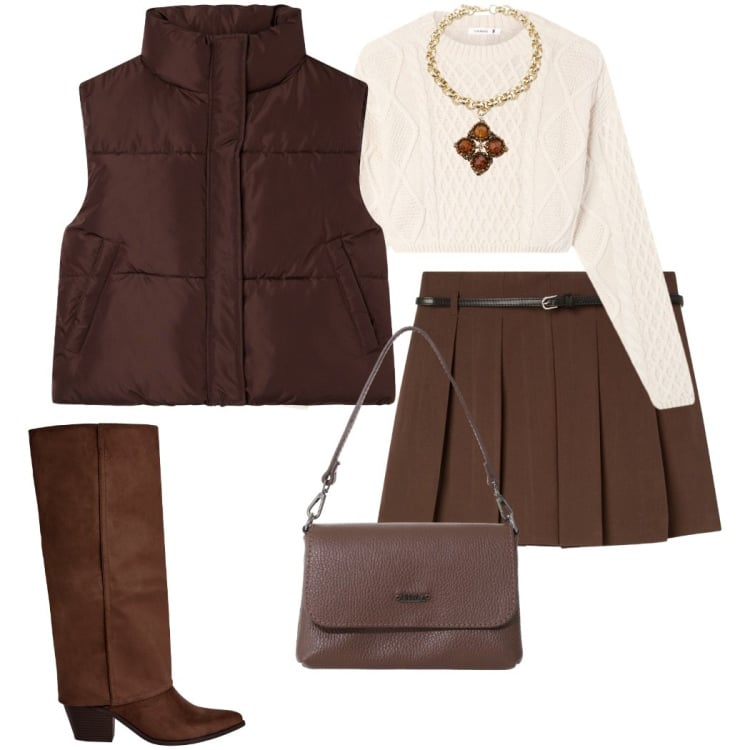 Outfit donna - Gonna e stivali. Stile Preppy per Tutti i giorni. Abbinamento con minigonne, maglieria, piumini, stivali sopra il ginocchio, collane, borse a tracolla.