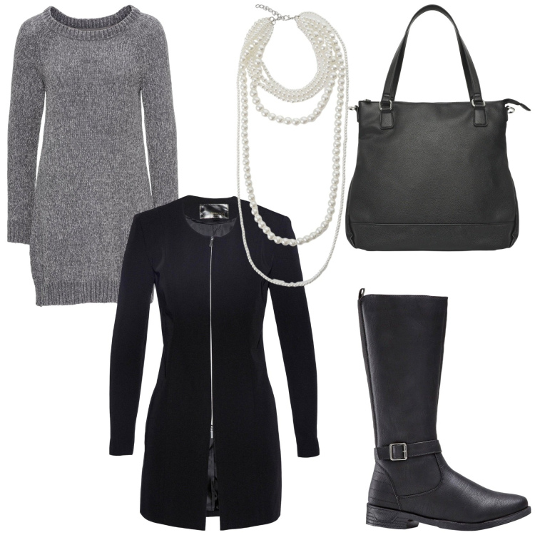 Outfit donna - Grigio protagonista di stagione. Stile Casual chic per Tutti i giorni. Abbinamento con blazer, stivali, vestiti, shopping bag, collane.