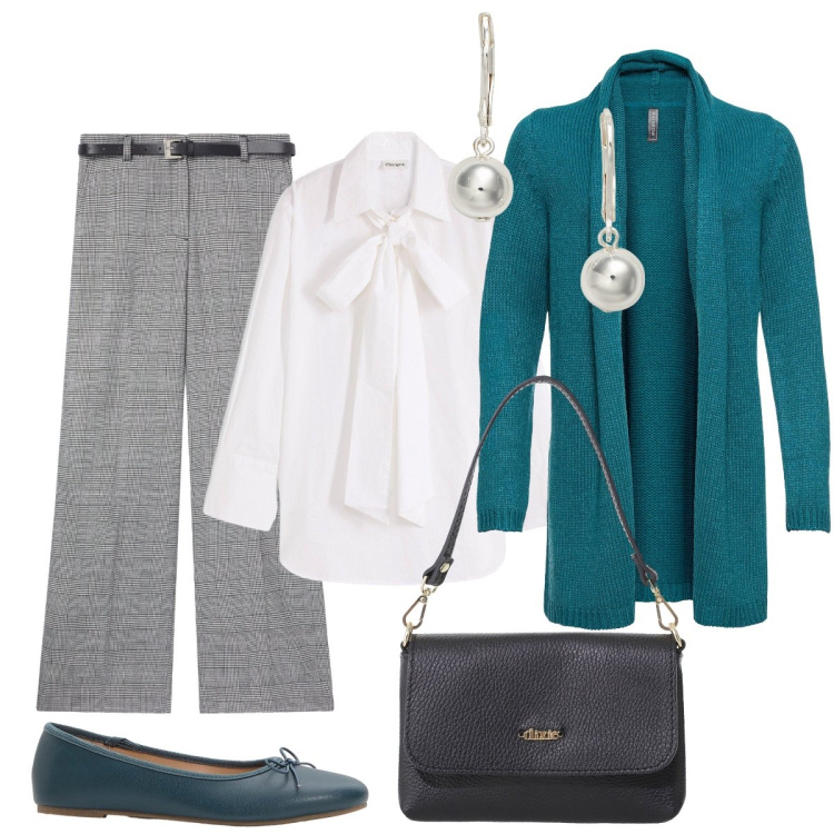 Outfit donna - In ufficio. Stile Chic per Ufficio. Abbinamento con cardigans, ballerine, camicie, pantaloni, borse a tracolla, orecchini.