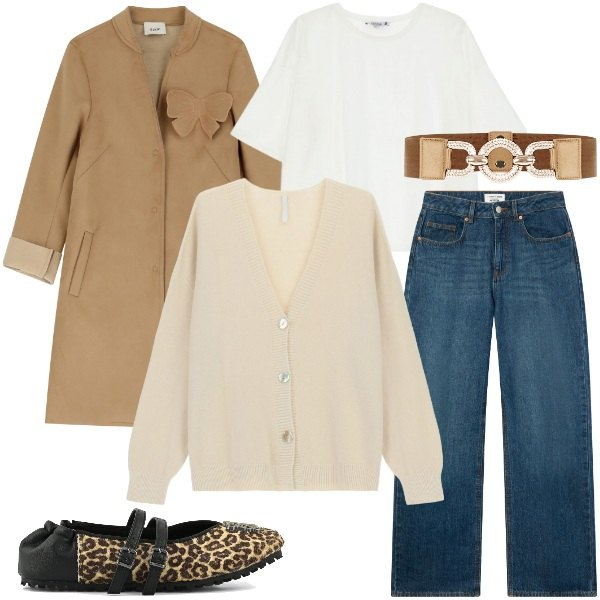 Outfit donna - Strati Morbidi: Inizia il freddo. Stile Casual chic per Tutti i giorni. Abbinamento con jeans, t-shirt, cinture, cardigans, cappotti, ballerine.
