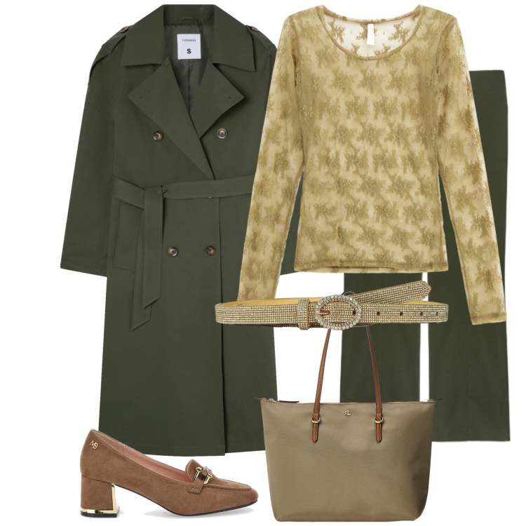 Outfit donna - Total look #2258232. Stile Casual chic per Tutti i giorni. Abbinamento con cinture, trench, maglieria, borse tote, mocassini, pantaloni.
