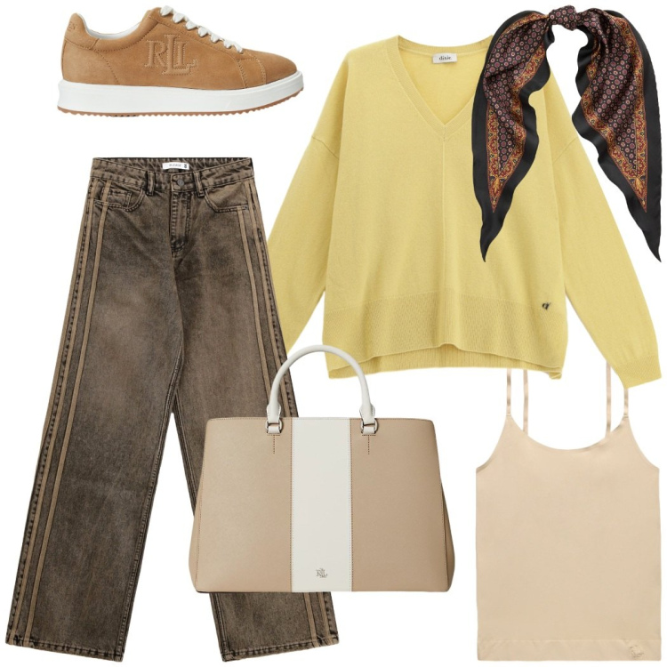 Outfit donna - Urban style. Stile Urban per Tutti i giorni. Abbinamento con jeans, maglieria, borse a mano, magliette intime, sneakers, foulard.