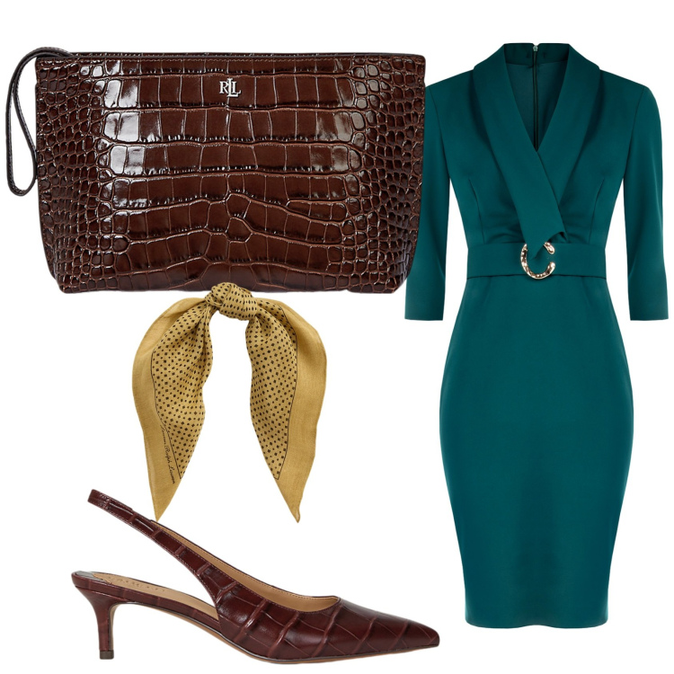 Outfit donna - Abito ottanio Rinascimento. Stile Chic per Ufficio. Abbinamento con vestiti a tubino, pochette, foulard, décolleté.