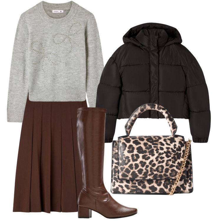 Outfit donna - Eleganza wild. Stile Basic per Ufficio. Abbinamento con stivali, gonne lunghe, borse a tracolla, maglieria, bomber.