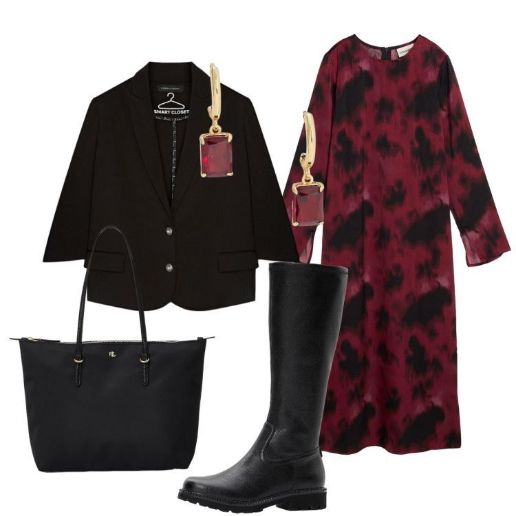 Outfit donna - Autunno curvy 2025. Stile Bon Ton per Ufficio. Abbinamento con vestiti midi/longuette, stivali, borse tote, orecchini, blazer.