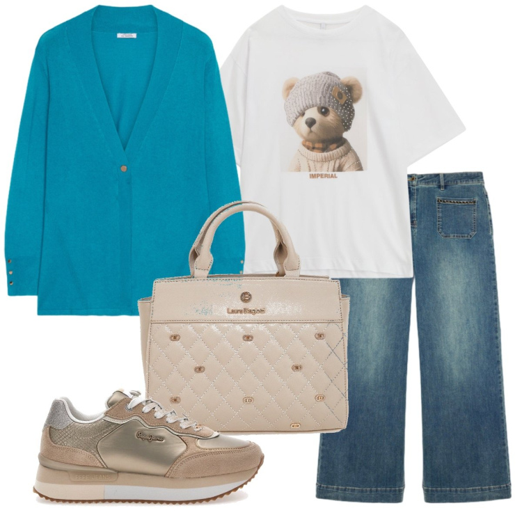 Outfit donna - Il cardigan color ottanio. Stile Casual chic per Scuola/Università. Abbinamento con t-shirt, sneakers, cardigans, borse a mano, jeans.