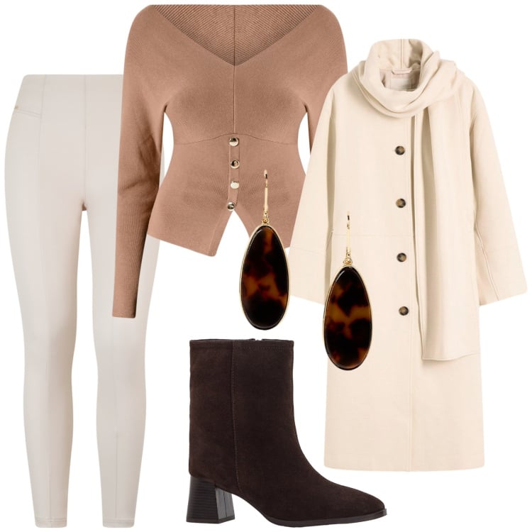 Outfit donna - Total look #2258246. Stile Minimal per Tutti i giorni. Abbinamento con cappotti, stivaletti, maglieria, pantaloni skinny, orecchini.