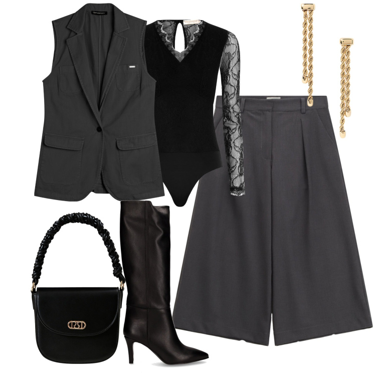 Outfit donna - I pantaloni crop. Stile Urban per Tutti i giorni. Abbinamento con body, borse a mano, gilet, pantaloni a palazzo, orecchini, stivali.