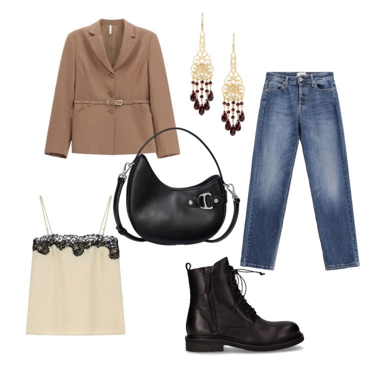 Outfit donna - Power woman. Stile Casual chic per Ufficio. Abbinamento con jeans, canottiere, blazer, borse a tracolla, orecchini, anfibi.