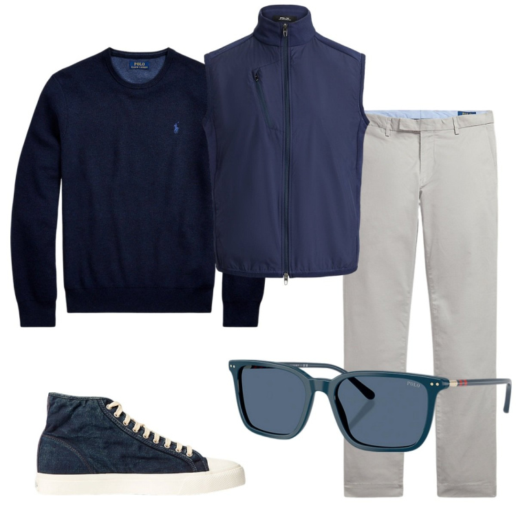 Outfit uomo - Total look #2258252. Stile Trendy per Ufficio. Abbinamento con sneakers, maglieria, occhiali da sole, pantaloni chino, gilet.