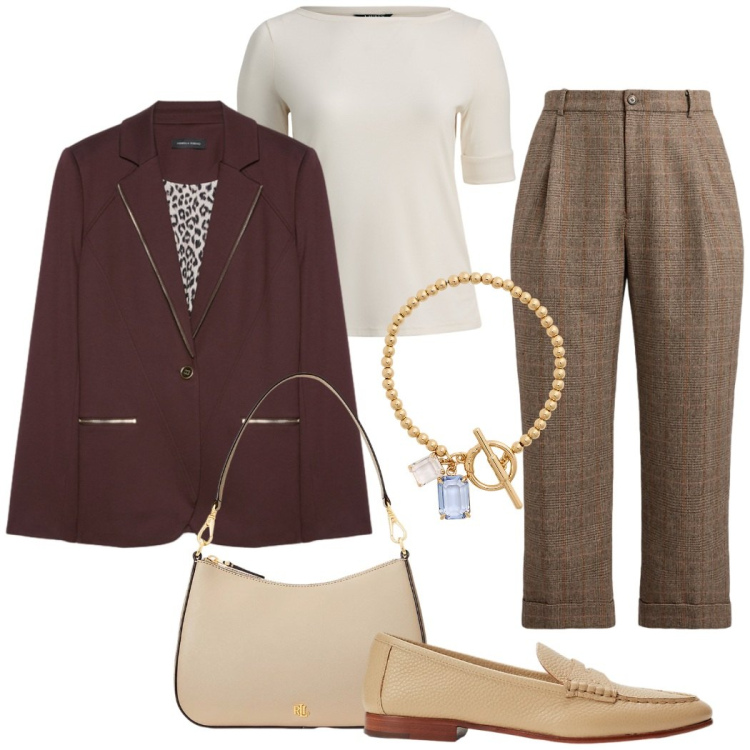 Outfit donna - In ufficio. Stile Casual chic per Ufficio. Abbinamento con borse a spalla, braccialetti, mocassini, pantaloni, t-shirt, blazer.