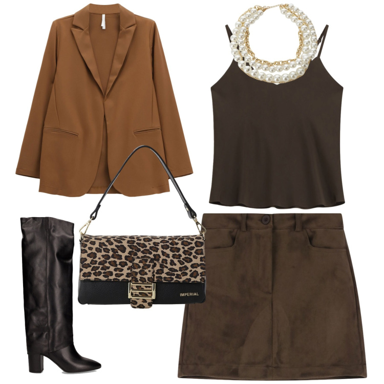 Outfit donna - City. Stile Trendy per Tutti i giorni. Abbinamento con blazer, borse a spalla, minigonne, collane, top, stivali.