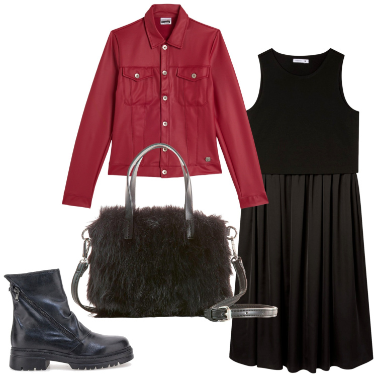 Outfit donna - Autunno rock. Stile Rock per Serata fuori. Abbinamento con borse a mano, vestiti midi/longuette, giacche, stivaletti.