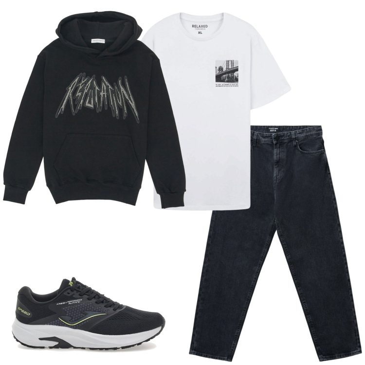 Outfit uomo - Total look #2258262. Stile Casual per Tutti i giorni. Abbinamento con t-shirt, jeans, felpe con cappuccio, sneakers.