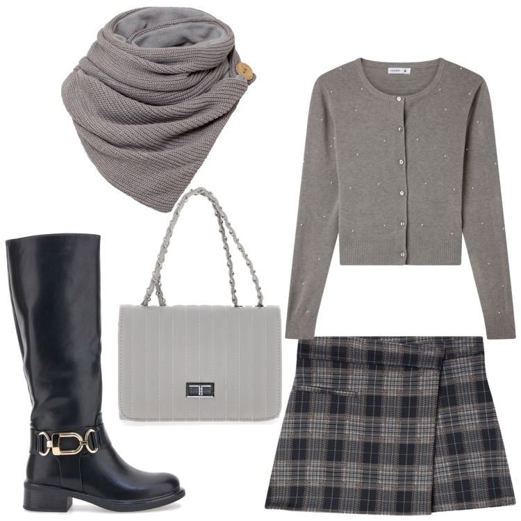 Outfit donna - Grigio autunno. Stile Chic per Serata fuori. Abbinamento con foulard, minigonne, cardigans, stivali, borse a tracolla.