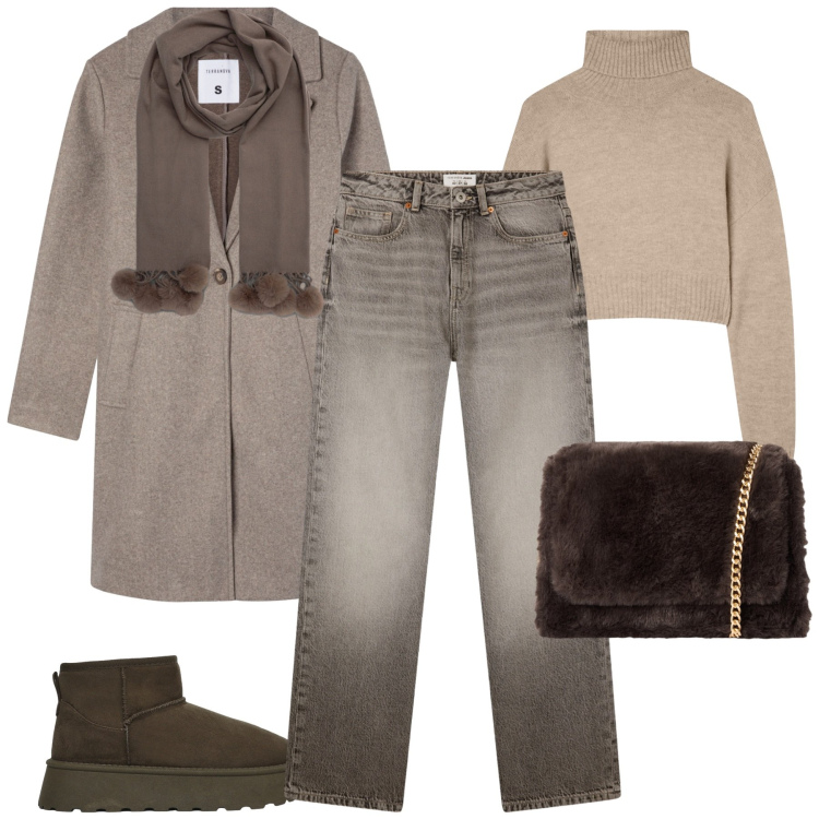 Outfit donna - City. Stile Casual chic per Tutti i giorni. Abbinamento con jeans dritti, borse a tracolla, sciarpe, cappotti, maglieria, stivali.