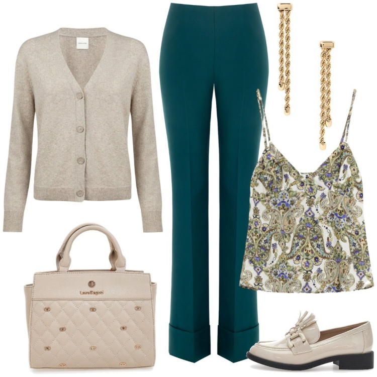Outfit donna - Total look #2258271. Stile Casual chic per Tutti i giorni. Abbinamento con top, pantaloni a palazzo, orecchini, cardigans, mocassini, borse a mano.