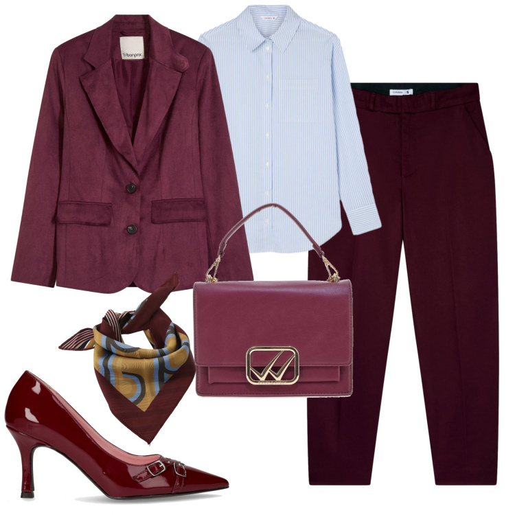 Outfit donna - City. Stile Urban per Tutti i giorni. Abbinamento con blazer, pantaloni chino, camicie, foulard, décolleté, borse a tracolla.