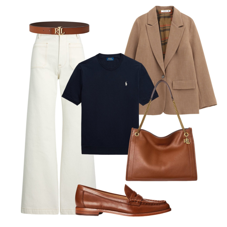 Outfit donna - Autunno urbano luxury look. Stile Trendy per Tutti i giorni. Abbinamento con blazer, jeans, borse tote, cinture, t-shirt, mocassini.