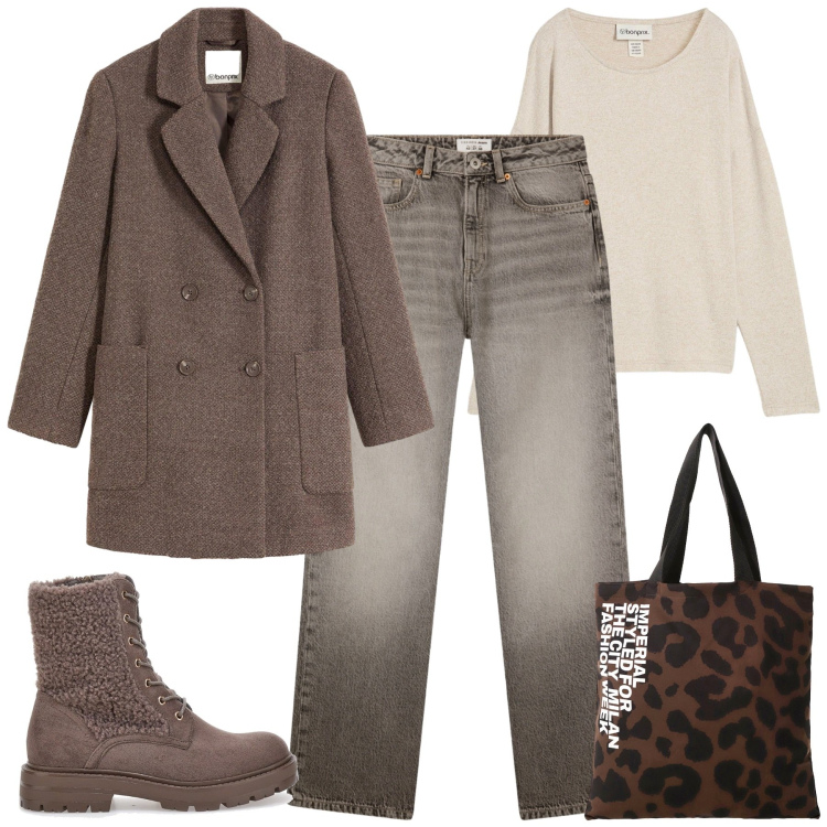 Outfit donna - Ottobre. Stile Casual per Tutti i giorni. Abbinamento con cappotti, maglieria, jeans dritti, shopping bag, stivaletti.