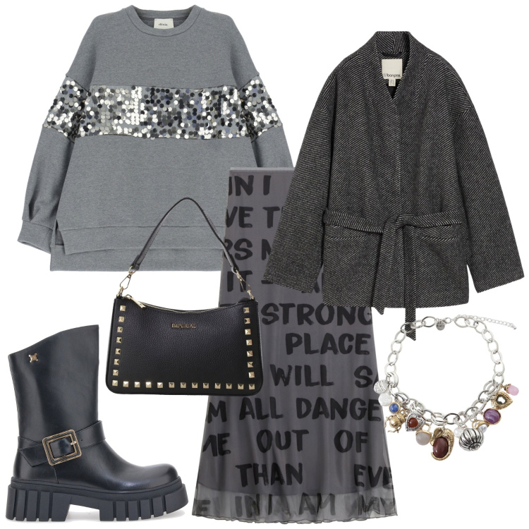 Outfit donna - Total look #2258284. Stile Rock per Serata fuori. Abbinamento con blazer, pochette, gonne lunghe, braccialetti con ciondoli, felpe, stivaletti.