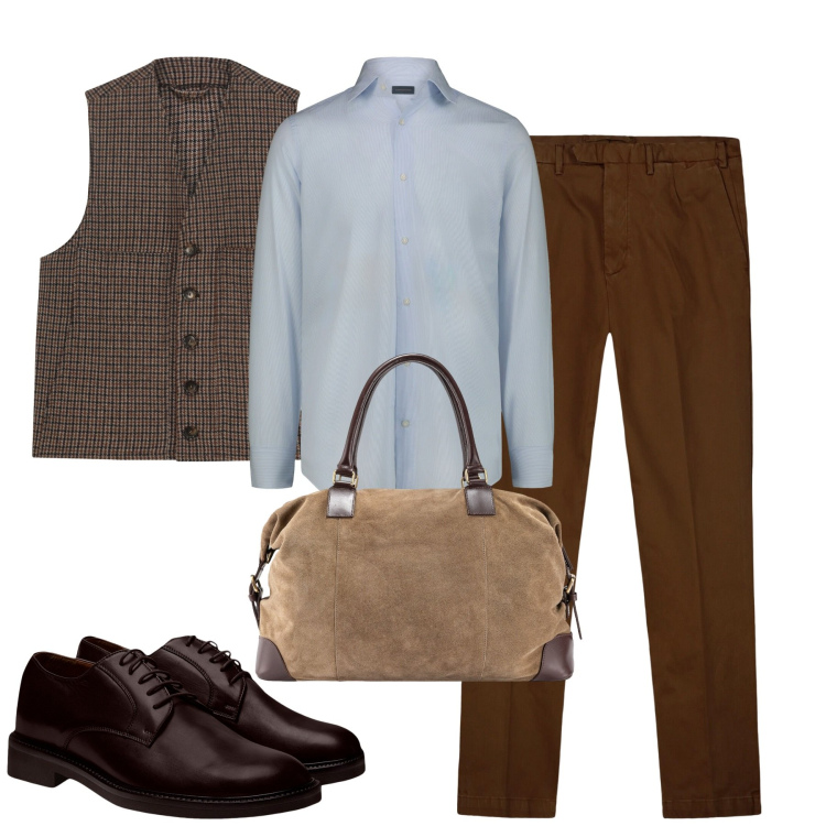 Outfit uomo - Total look #2258285. Stile Business/Elegante per Tutti i giorni. Abbinamento con pantaloni, scarpe stringate, gilet, borse sportive, camicie.