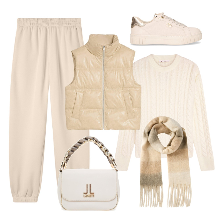 Outfit donna - Giornata di commissioni. Stile Casual per Tutti i giorni. Abbinamento con piumini, pantaloni, maglieria, sciarpe, sneakers, borse a tracolla.