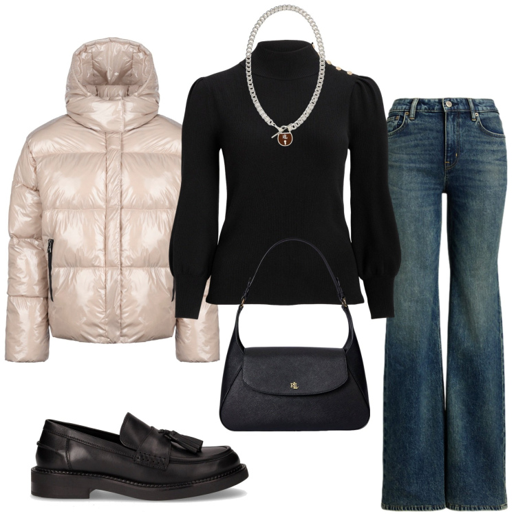 Outfit donna - Total look #2258291. Stile Basic per Tutti i giorni. Abbinamento con blazer, borse a spalla, ciondoli, jeans, maglieria, mocassini.